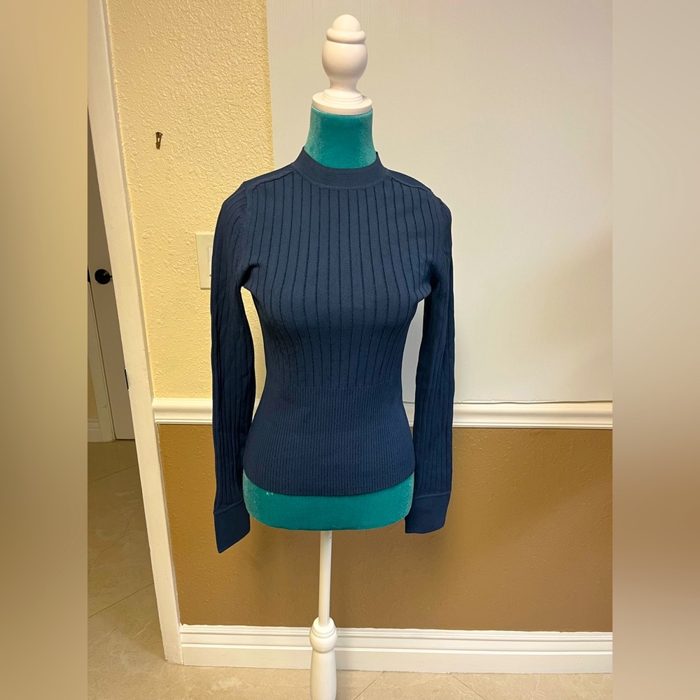 Rag & Bone New York Mock Neck Ribbed Knit Sweater Size S Slate Blue‎ Thumb Holes
